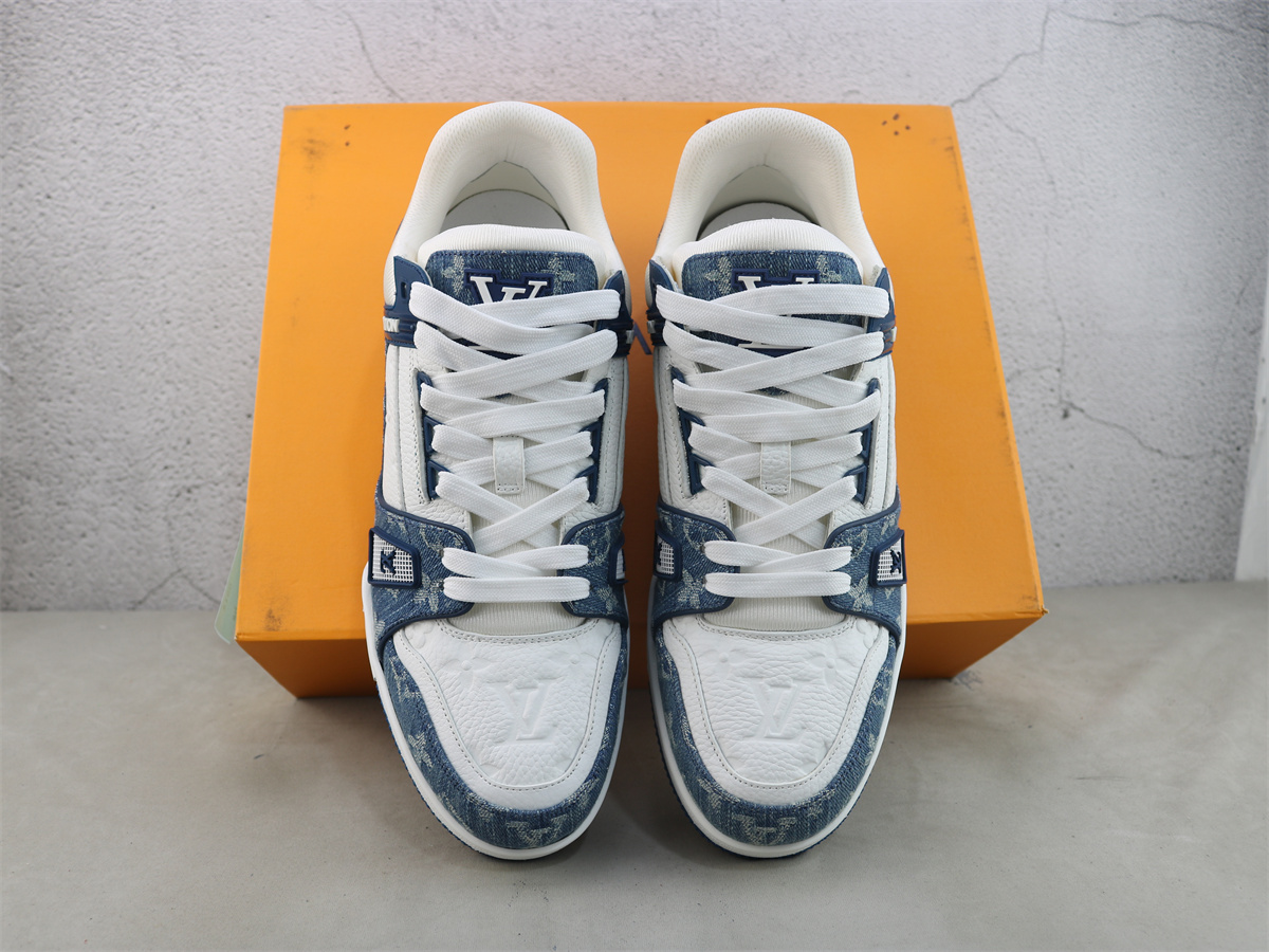 LV Trainer Sneaker White Blue Monogram denim